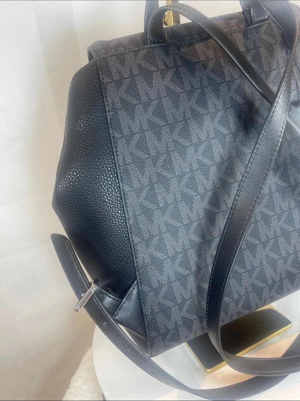 Michael Kors Black MK Logo Pattern Backpack , Size Medium.